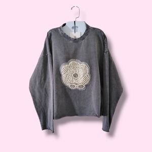 Coastal Bloom | NWT Gray Chic Camellia Rhinestone Pearl Italian Sweatshirt